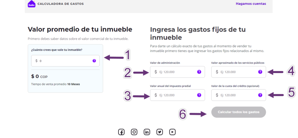 datos para ingresar a la calculadora de gastos de vivienda